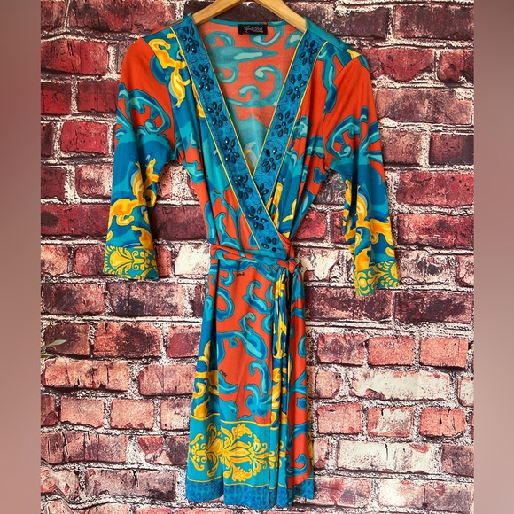 Hale Bob Dresses & Skirts - Hale Bob Beaded Silk Wrap Mini Dress - Vibrant Abstract Paisley